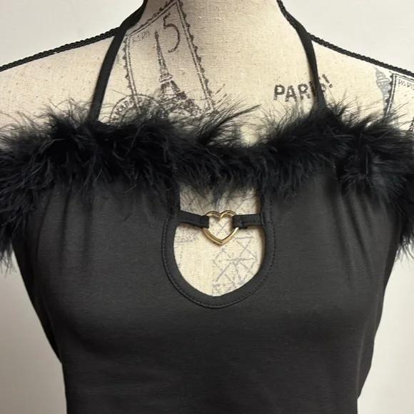 Black Feather Trim Crop Top with Cutout - Picture 8 of 14